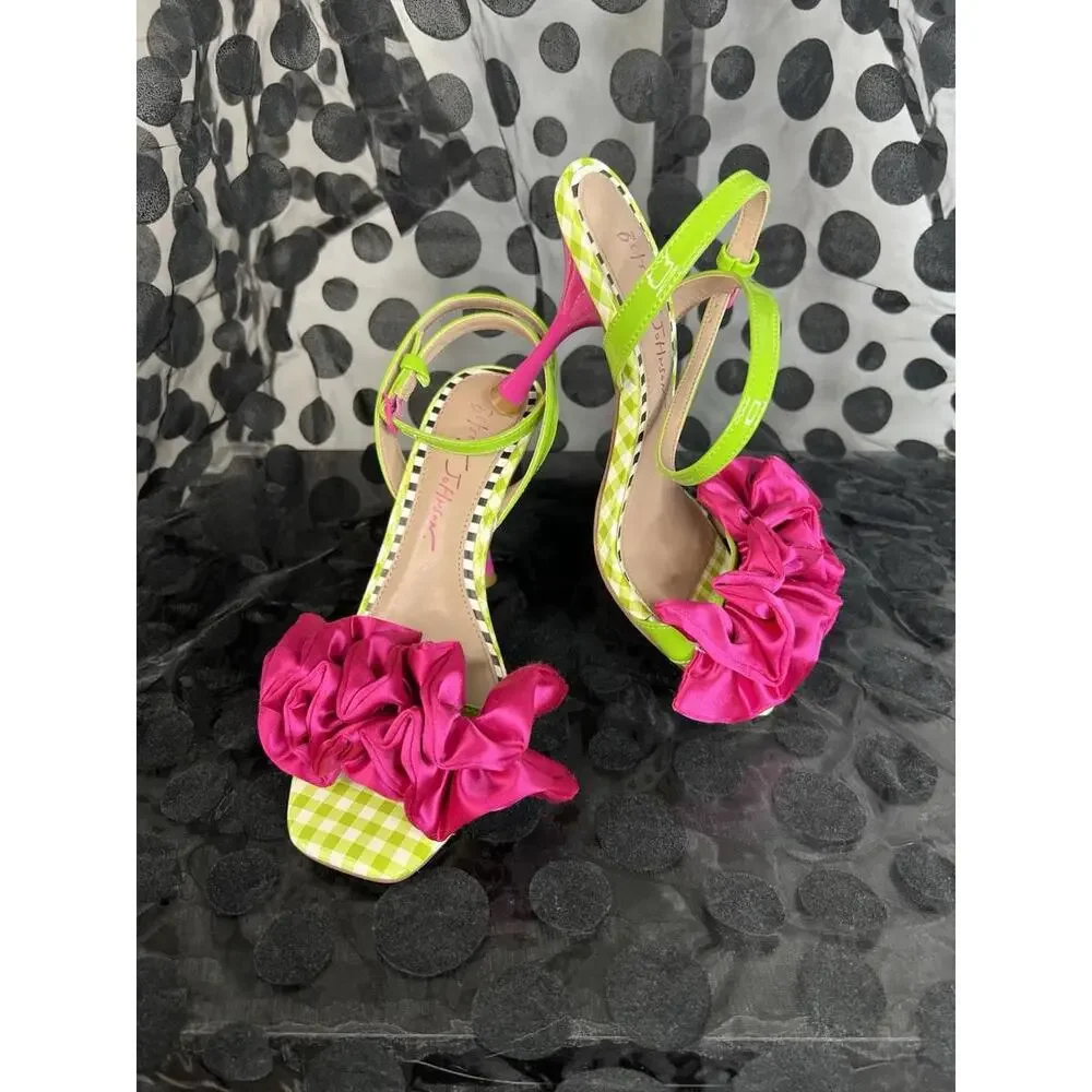 Betsy Johnson  Elmira Green/white gingham print, O/toe heeled sandals Women 6.5 - Picture 2 of 13